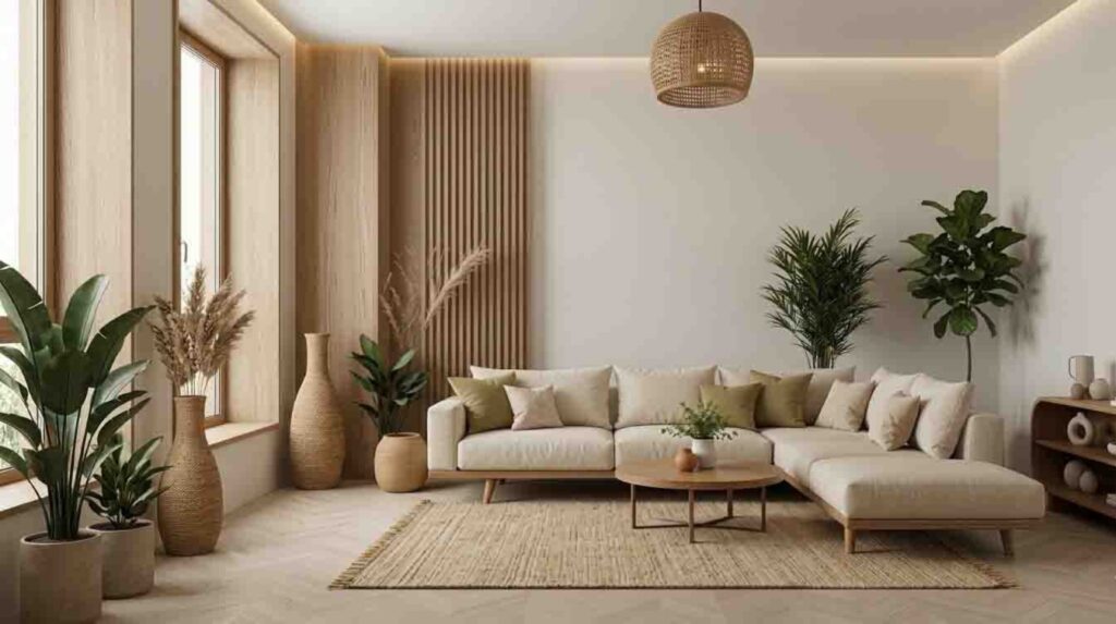 A cozy, sunlit living room with an earthy Japandi aesthetic. An off-white fabric sectional sofa with varied green and beige pillows is centered on a textured jute rug. The background wall features vertical slatted wood panels and a large woven rattan pendant light.