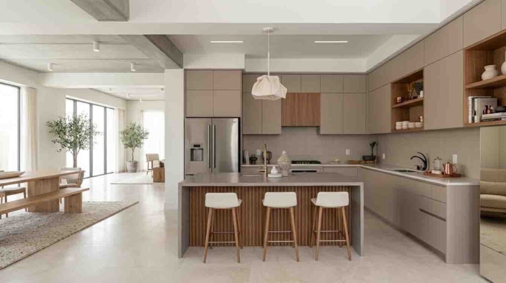 A wide-angle interior photograph of a modern, open-concept kitchen and dining area. The kitchen features taupe-grey flat-panel cabinets, a stainless steel refrigerator, and a fluted wood island with three minimalist white bar stools. A white textured paper pendant light hangs above the island. The dining area has a wooden table and bench next to large glass doors leading to an outdoor garden with potted olive trees.